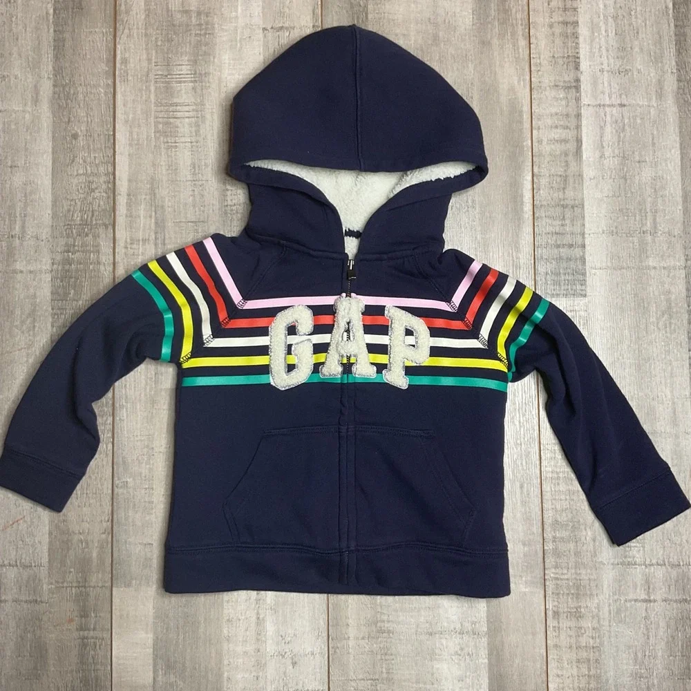 Baby Gap Toddler Navy Blue Rainbow Stripe Sherpa Lined Full Zip Hoodie Size 2T
